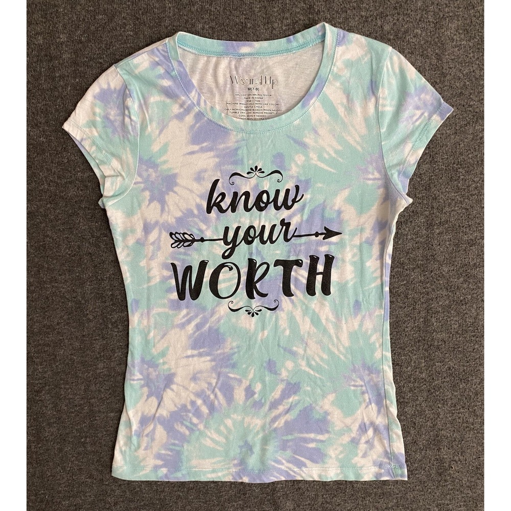 Wound Up Tshirt Womens Junior M Blue Tie Dye Know Your Worth Graphic Top